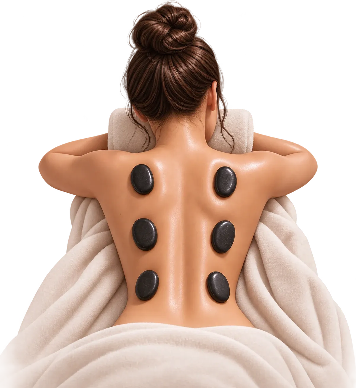 Piedras calientes aplicadas sobre la espalda siguiendo la línea de trapecios, dorsal y lumbar