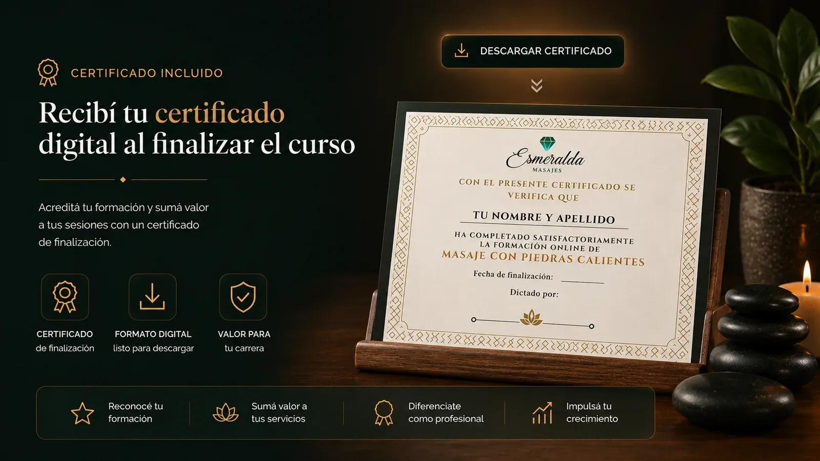 Certificado digital del curso de Masaje con Piedras Calientes.
