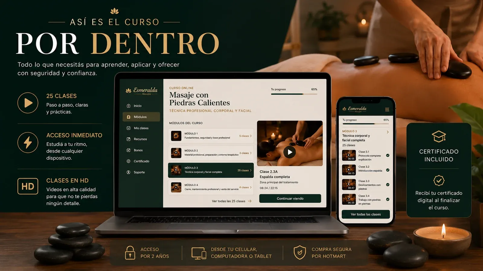 Vista del curso online de Masaje con Piedras Calientes por dentro: módulos, clases y acceso multidispositivo.