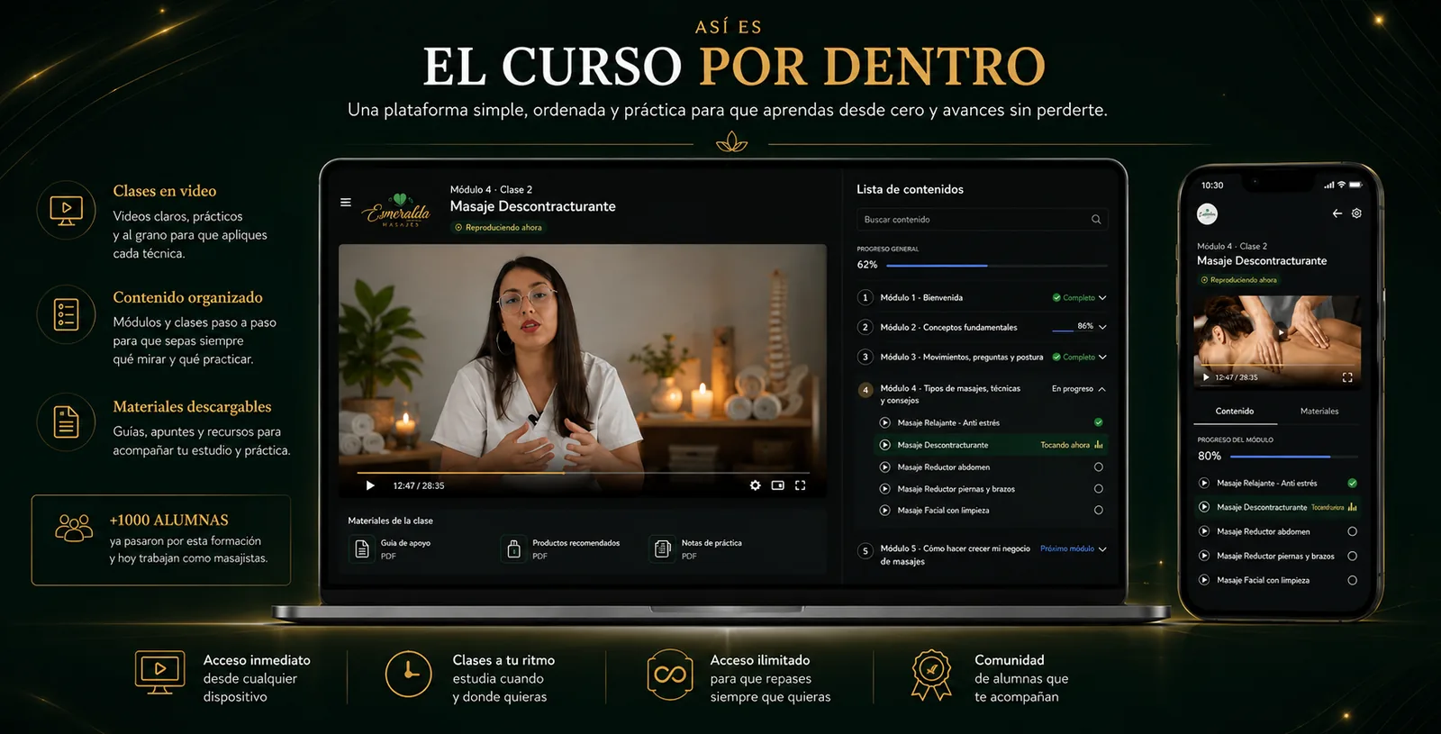 Así es el curso por dentro: plataforma con módulos, clases en video, materiales descargables y progreso. Más de 1000 alumnas.