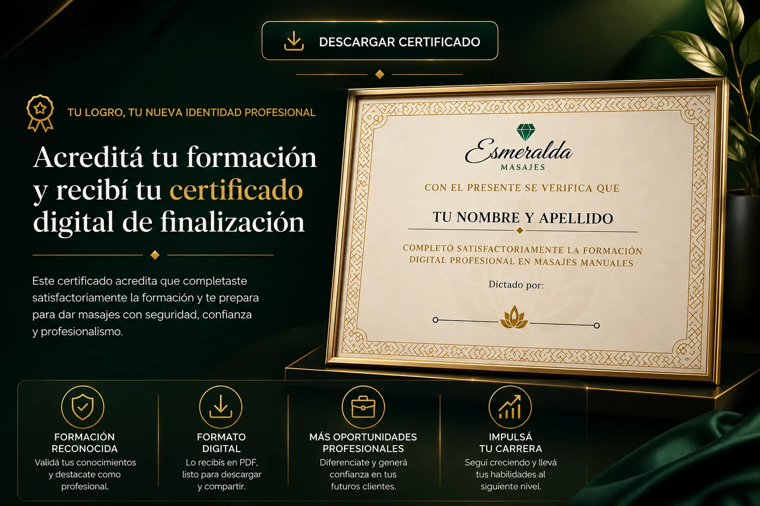 Certificado digital de finalización de Esmeralda Masajes — formación profesional en masajes manuales, a nombre de la alumna